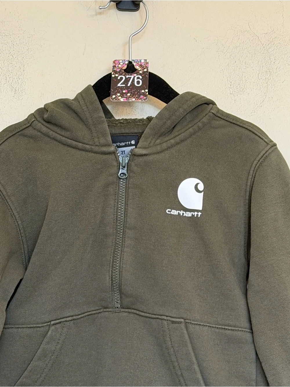 Carhartt Kids 2T Olive Green Half Zip Hoodie Logo Sleeve Workwear Streetwear
